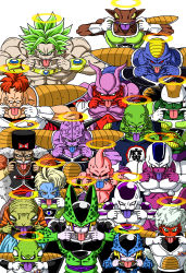 Rule 34 | 1990s (style), 6+boys, alien, android, armor, babidi, black hair, broly (dragon ball z), brothers, burter, cape, captain ginyu, cell (dragon ball), cell junior, cooler&#039;s armored squadron, cooler (dragon ball), demon, doore, dr. gero (dragon ball), dr gero, dragon ball, dragonball z, evil, fangs, frieza, ginyu force, guldo, hat, highres, horns, janemba, jeice, legendary super saiyan, long hair, looking at viewer, majin buu, male focus, multiple boys, muscular, neiz, perfect cell, piccolo daimaou, recoome, retro artstyle, salza, shinomiya akino, siblings, slit pupils, smile, standing, super saiyan, team, tongue, tongue out, upper body