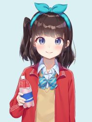 Rule 34 | 1girl, blue background, blue ribbon, bottle, bow, bowtie, brown hair, closed mouth, collared shirt, diagonal-striped bow, diagonal-striped bowtie, diagonal-striped clothes, diagonal-striped neckwear, dress shirt, hair ribbon, holding, holding bottle, jacket, k mugura, long hair, looking at viewer, one side up, open clothes, open jacket, original, red jacket, ribbon, shirt, simple background, smile, solo, striped bow, striped bowtie, striped clothes, striped neckwear, sweater vest, upper body, white shirt