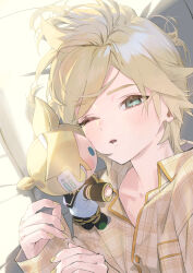 Rule 34 | 1boy, aqua eyes, blonde hair, blush, commentary, highres, kagamine len, long sleeves, male focus, naoko (naonocoto), on bed, one eye closed, pajamas, parted lips, pillow, plaid pajamas, short hair, solo, stuffed toy, swept bangs, upper body, vocaloid, waking up