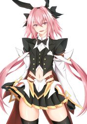 Rule 34 | 1boy, :d, animal ears, astolfo (fate), astolfo (saber) (fate), black bow, black bowtie, black gloves, black hairband, black jacket, black skirt, black thighhighs, blazer, blush, bow, bowtie, commentary request, cowboy shot, crossdressing, fake animal ears, fang, fate/grand order, fate (series), gloves, hair between eyes, hair bow, hair intakes, hairband, highres, jacket, long hair, long sleeves, looking at viewer, low twintails, male focus, midriff, miniskirt, navel, open mouth, pink hair, pleated skirt, purple eyes, rabbit ears, simple background, skirt, skirt hold, smile, solo, standing, thighhighs, thighs, trap, twintails, very long hair, watarase piro, white background, white hair, wide sleeves, zettai ryouiki