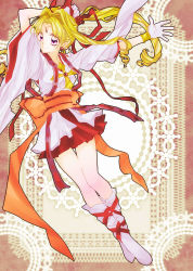 Rule 34 | 1990s (style), 1girl, arm up, blonde hair, boots, cross, cross-laced footwear, doily, forehead jewel, gloves, high ponytail, japanese clothes, kaitou jeanne, kamikaze kaitou jeanne, knee boots, kusakabe maron, crossed legs, long hair, obi, orange ribbon, outstretched hand, purple eyes, red ribbon, red skirt, ribbon, sash, sidelocks, skirt, solo, white footwear, white gloves, wide sleeves, yoshika (draw-happy-picture)