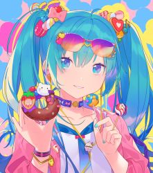 Rule 34 | 1girl, aqua eyes, aqua hair, aqua nails, bad id, bad pixiv id, beads, beamed eighth notes, bow, candy, candy hair ornament, cat, collar, collarbone, cube, cupcake, doughnut, eighth note, food, food-themed hair ornament, food themed hair ornament, fruit, hair ornament, hatsune miku, heart, heart hair ornament, heiwa (murasiho), holding, holding candy, holding food, holding lollipop, jacket, lollipop, long hair, looking at viewer, macaron, macaron hair ornament, musical note, musical note hair ornament, nail polish, necktie, parted lips, pink jacket, smile, solo, strawberry, swirl lollipop, twintails, upper body, very long hair, vocaloid, wrist cuffs