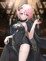 Rule 34 | 1girl, absurdres, alcohol, asymmetrical dress, azur lane, black cape, black dress, black flower, blue eyes, breasts, cape, clothes lift, cup, dress, dress lift, drinking glass, flower, hair between eyes, hair flower, hair ornament, highres, holding, holding cup, indoors, lens flare, looking at viewer, medium breasts, mikaloft, pink hair, seydlitz (azur lane), smile, solo, standing, thighs, wine, wine glass