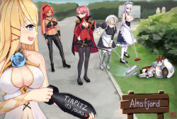 Rule 34 | 6+girls, artist request, azur lane, belfast (azur lane), belt, belt buckle, black belt, black bra, black collar, black gloves, black pants, blonde hair, blue eyes, blue flower, blue rose, bomb, boots, bra, bra peek, breasts, broom, brown hair, buckle, cleavage, cleavage cutout, clothing cutout, collar, commentary request, cosplay, cross, cross necklace, dark-skinned female, dark skin, duke of york (azur lane), empty eyes, english text, explosive, fetal position, flower, gachimuchi pants wrestling, gloves, hat, heart, historical event, holding, holding bomb, holding broom, holding sword, holding weapon, jamaica (azur lane), jewelry, large breasts, laurel crown, long hair, long sleeves, maid, maid headdress, midriff, multicolored hair, multiple girls, navel, necklace, open mouth, operation tungsten, pants, pantyhose, peaked cap, pink hair, pointy ears, ponytail, red hair, rose, sheffield (azur lane), silver hair, sleeveless, spiked collar, spikes, streaked hair, sword, tirpitz (azur lane), underwear, van darkholme, van darkholme (cosplay), victorious (azur lane), weapon, white gloves, wrestling (series), yellow eyes