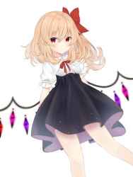 Rule 34 | 1girl, :o, alternate costume, black dress, blonde hair, blush, collared shirt, commentary, cosplay, crystal, dress, dutch angle, expressionless, feet out of frame, flandre scarlet, frilled shirt collar, frills, hair between eyes, hair ribbon, highres, looking to the side, medium skirt, neck ribbon, no headwear, puffy short sleeves, puffy sleeves, red eyes, red ribbon, ribbon, rumia, rumia (cosplay), shirt, short hair, short sleeves, simple background, skirt, solo, tosakaoil, touhou, white background, white shirt, wings