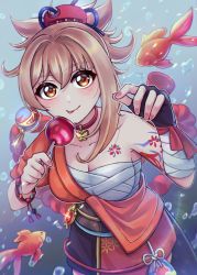 Rule 34 | 1girl, :p, absurdres, bracelet, breasts, candy apple, choker, cleavage, collarbone, commentary, elisabetlis, fingerless gloves, fish, food, genshin impact, gloves, hadanugi dousa, hair between eyes, hair ornament, highres, holding, holding food, japanese clothes, jewelry, kimono, light brown hair, long hair, looking at viewer, medium breasts, obi, obiage, open clothes, open kimono, orange eyes, ponytail, pouch, rope, sash, shimenawa, sidelocks, simple background, single glove, solo, tongue, tongue out, underwater, vision (genshin impact), yoimiya (genshin impact)