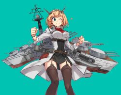 Rule 34 | 1girl, aqua background, aqua eyes, belt, black skirt, blonde hair, blush, breasts, brown thighhighs, coat, flower, garter straps, grey coat, headgear, kantai collection, kusanagi tonbo, large breasts, long sleeves, looking at viewer, neck flower, one eye closed, open clothes, open coat, red flower, red rose, rigging, rodney (kancolle), rose, short hair, skirt, smile, solo, thighhighs, turret