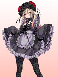 Rule 34 | 1girl, absurdres, blonde hair, blush, breasts, chain, chain leash, cosplay, dress, feet out of frame, flower, frilled sleeves, frills, gothic lolita, gradient background, heart, highres, kitagawa marin, kuroe shizuku, kuroe shizuku (cosplay), leash, lipstick, lolita fashion, long eyelashes, makeup, medium breasts, official art, one eye closed, red eyes, red hair, rose, sleeves past fingers, sleeves past wrists, solo, sono bisque doll wa koi wo suru, wide sleeves, yamashita shun&#039;ya