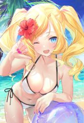Rule 34 | 1girl, ball, bare arms, bare shoulders, beach, beachball, bikini, blonde hair, blue eyes, blush, breasts, cleavage, collarbone, commentary request, day, drill hair, fingernails, flower, hair flower, hair ornament, halterneck, honolulu (kancolle), kantai collection, large breasts, long hair, nail polish, ocean, one eye closed, open mouth, ouri (aya pine), pink nails, red flower, shaka sign, side-tie bikini bottom, smile, solo, string bikini, swimsuit, twin drills, twintails, white bikini
