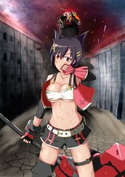Rule 34 | 10s, 1girl, asymmetrical clothes, bandeau, bare shoulders, belt, black hair, black thighhighs, bracer, breasts, buckle, cleavage, crack, crop top, dirty, elbow gloves, elbow pads, fingerless gloves, gloves, god eater, god eater 2: rage burst, hair between eyes, hair ornament, hairclip, holding, huge weapon, kouzuki nana, large breasts, looking at viewer, midriff, navel, open clothes, open vest, parted bangs, red eyes, short hair, short shorts, shorts, single elbow glove, single thighhigh, standing, suspenders, taut clothes, thigh strap, thighhighs, torn clothes, torn gloves, torn shorts, unbuttoned, underboob, unfastened, vest, weapon, wide hips, wiping mouth, yampoo, zipper