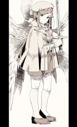 Rule 34 | 1girl, ascot, cloak, closed mouth, feathered wings, full body, gloves, hand up, heel up, highres, holding, holding sword, holding weapon, kneehighs, long sleeves, looking at viewer, looking to the side, monochrome, nijiko (c2cs4q), official alternate costume, pillarboxed, shirt, shoes, shorts, shoujo kageki revue starlight, simple background, socks, solo, standing, sword, tendou maya, twitter username, weapon, white background, wings