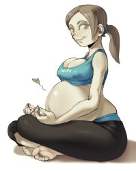 Rule 34 | 1girl, barefoot, breasts, covered erect nipples, female focus, full body, heart, hellbrain, highres, large breasts, crossed legs, looking at viewer, nintendo, pants, ponytail, pregnant, solo, wii fit, wii fit trainer, yoga pants