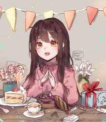 Rule 34 | 1girl, :d, blush, box, brown eyes, brown hair, cake, cake slice, candy, commentary, cup, dated, english commentary, flower, food, fork, fruit, gift, gift box, grey background, hands up, kobutanori, lollipop, long hair, long sleeves, open mouth, original, pennant, pink skirt, puffy long sleeves, puffy sleeves, saucer, signature, simple background, skirt, smile, solo, spork, steepled fingers, strawberry, string of flags, swirl lollipop, table, vase, white flower