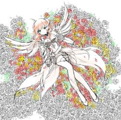 Rule 34 | 1girl, armor, armored dress, bare shoulders, belt, bow, braid, dress, feathered wings, fire valkyrie (p&amp;d), flower, full body, gauntlets, grass, green eyes, hair ornament, knees together feet apart, leaf, lying, on back, orange flower, orange hair, orange rose, petals, pikomarie, plant, puzzle &amp; dragons, red flower, red rose, red valkyrie (p&amp;d), rose, short hair, short hair with long locks, simple background, sleeveless, sleeveless dress, solo, spot color, thorns, twin braids, valkyrie, valkyrie (p&amp;d), vines, white background, wings, yellow flower, yellow rose