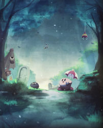 Rule 34 | absurdres, broom, broom riding, character request, forest, gooey (kirby), highres, keke (kirby), kirby, kirby (series), looking away, nature, nintendo, one-eyed, open mouth, outdoors, rain, scenery, smile, suyasuyabi, tongue, tongue out, tree