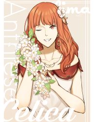 Rule 34 | 1girl, absurdres, celica (fire emblem), fire emblem, fire emblem echoes: shadows of valentia, fire emblem gaiden, flower, hakirino, highres, holding, holding flower, jewelry, looking at viewer, necklace, nintendo, one eye closed, portrait, red eyes, red hair, smile, solo
