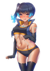 Rule 34 | 1girl, absurdres, black gloves, black panties, black sports bra, black thighhighs, blue hair, blue vest, blush, breasts, brown eyes, chest jewel, collarbone, collared vest, commentary request, core crystal (xenoblade), cropped vest, elbow gloves, fiery hair, fingerless gloves, gloves, glowing lines, gluteal fold, highres, looking at viewer, medium hair, navel, open mouth, panties, partial commentary, sena (xenoblade), shoulder tattoo, side ponytail, siebolds demon, small breasts, solo, sports bra, sweat, tattoo, thighhighs, toned, underwear, vest, white background, xenoblade chronicles (series), xenoblade chronicles 3