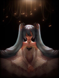 Rule 34 | absurdres, black background, blue butterfly, blue eyes, blue hair, bug, butterfly, butterfly hair ornament, butterfly ornament, closed eyes, closed mouth, dress, frilled dress, frills, gloves, gold, gold necklace, hair between eyes, hair ornament, hands on lap, hatsune miku, highres, insect, jewelry, long dress, long hair, miku symphony (vocaloid), music, musical note, necklace, on floor, on ground, parted lips, sitting, twintails, vocaloid, white dress, white gloves