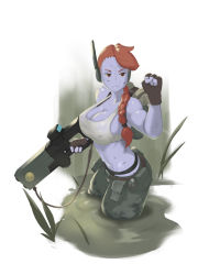 Rule 34 | 1girl, :&lt;, abs, absurdres, alien, backpack, bag, beam rifle, belt pouch, black panties, blue skin, braid, braided ponytail, breasts, brown eyes, brown gloves, camouflage, camouflage pants, cargo pants, cleavage, clenched hand, colored skin, energy gun, fingerless gloves, gloves, gun, hair over shoulder, headset, highleg, highleg panties, highres, holding, holding gun, holding weapon, large breasts, long hair, navel, no nose, panties, pants, partially submerged, pouch, red hair, robot jones (artist), scar, scar on face, scar on mouth, scope, sidelocks, solo, sports bra, strap gap, swimsuit, t&#039;au, toned, trigger discipline, underwear, wading, warhammer 40k, weapon, wetland, white sports bra