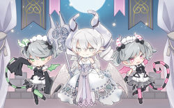 Rule 34 | 3girls, arianna the labrynth servant, arianne the labrynth servant, blush, bow, chibi, dress, duel monster, gloves, green eyes, grey eyes, grey hair, hair bow, hair ornament, highres, horns, looking at viewer, lovely labrynth of the silver castle, maid, maid headdress, moon, multiple girls, no panties, pink eyes, pointy ears, watamoofu, weapon, wings, yu-gi-oh!