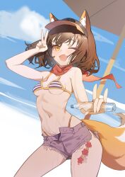 Rule 34 | 1girl, absurdres, animal ear fluff, animal ears, bikini, blue archive, blue sky, bottle, breasts, brown hair, cowboy shot, double fox shadow puppet, fang, foreshortening, fox ears, fox shadow puppet, fox tail, grey shorts, highres, holding, holding bottle, izuna (blue archive), izuna (swimsuit) (blue archive), looking at viewer, navel, ocean, official alternate costume, one eye closed, open mouth, outdoors, parasol, ramune, red scarf, riok hh, scarf, short hair, shorts, skin fang, sky, small breasts, smile, solo, standing, striped bikini, striped clothes, swimsuit, tail, umbrella, wet, yellow eyes