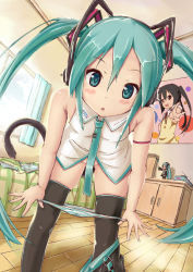 Rule 34 | 1girl, aqua eyes, aqua hair, bare shoulders, bedroom, bent over, blush, cat tail, censored, convenient censoring, face, hachune miku, hatsune miku, highres, indoors, k-on!, lat model (mikumikudance), long hair, miu (angelo whitechoc), nakano azusa, necktie, panties, panty pull, poster (medium), poster (object), pulling own clothes, skirt, skirt around one leg, solo, striped clothes, striped panties, tail, thighhighs, tissue, tissue box, twintails, underwear, undressing, vocaloid