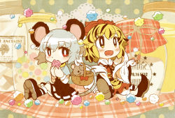 Rule 34 | 2girls, animal ears, animal print, basket, black dress, black hair, blonde hair, blush, candy, candy jar, capelet, chachi (azuzu), chibi, dress, eating, female focus, food, hair ornament, holding, holding with tail, long sleeves, mouse (animal), mouse ears, mouse tail, multicolored hair, multiple girls, nazrin, open mouth, prehensile tail, red dress, red eyes, short hair, silver hair, sitting, smile, tail, tiger print, toramaru shou, touhou, two-tone hair, wide sleeves, yellow eyes