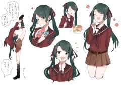 Rule 34 | 1girl, :d, ^ ^, belt, blush, boots, box, butter, closed eyes, closed eyes, food, fork, gift, green eyes, green hair, hair ribbon, heart-shaped box, holding, holding gift, kantai collection, kneehighs, knife, long hair, mikuma (kancolle), morinaga miki, multiple views, open mouth, own hands together, pancake, pleated skirt, ribbon, school uniform, serafuku, simple background, skirt, smile, socks, stretching, translation request, twintails, white background