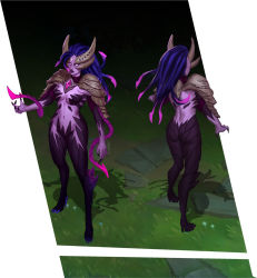 Rule 34 | 1girl, alternate costume, armor, ass, black nails, blue hair, breasts, closed mouth, colored skin, full body, gem, grass, horns, league of legends, medium breasts, multiple views, nail polish, no pupils, outdoors, pink hair, pink skin, shoulder armor, standing, vladbacescu, zyra