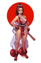 Rule 34 | 1girl, bad id, bad tumblr id, black hair, breasts, brown eyes, brown hair, circle, cleavage, fatal fury, feet, female focus, folded fan, folding fan, full body, gloves, hair ribbon, halterneck, hand fan, hand on own hip, high ponytail, highres, large breasts, lips, looking at viewer, ninja, no panties, nose, parted lips, pelvic curtain, red theme, revealing clothes, ribbon, robaato, sash, shiranui mai, sideboob, snk, solo, tabi, the king of fighters, toes
