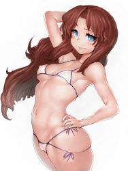 Rule 34 | 1girl, arm up, bikini, blue eyes, blush, breasts, brown hair, covered erect nipples, fumio (rsqkr), hand on own hip, hip focus, long hair, looking at viewer, medium breasts, micro bikini, navel, original, side-tie bikini bottom, skindentation, smile, solo, swimsuit, thighs
