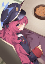 Rule 34 | 2girls, absurdres, blue archive, blue bow, blue eyes, blue jacket, bow, commentary request, dutch angle, food, from above, from behind, fruit, grin, hair bow, halo, hat, highres, iroha (blue archive), jacket, kotatsu, long hair, looking at viewer, mandarin orange, multiple girls, on floor, oza osuwari, peaked cap, profile, red hair, sitting, smile, solo, table, very long hair, zaisu