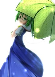 Rule 34 | 1girl, ascot, bespectacled, blue dress, daiyousei, dress, fairy wings, from behind, glasses, green eyes, green hair, looking at viewer, looking back, ochakan, side ponytail, solo, touhou, umbrella, unmoving pattern, white background, wings