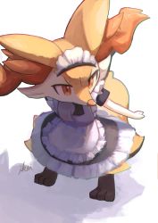 Rule 34 | animal ear fluff, animal ears, apron, black dress, braixen, creatures (company), dress, fox ears, fox tail, frilled dress, frills, full body, furry, game freak, gen 6 pokemon, highres, ikei, looking ahead, maid, maid headdress, nintendo, orange eyes, outstretched arms, pokemon, pokemon (creature), red nose, short sleeves, signature, simple background, slit pupils, solo, standing, tail, tsurime, v-shaped eyebrows, white apron, white background