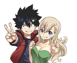 Rule 34 | 1boy, 1girl, bandaid, bandaid on face, bare shoulders, black hair, blonde hair, blue eyes, breasts, cleavage, collarbone, earrings, eden&#039;s zero, highres, jewelry, large breasts, long hair, looking at viewer, mashima hiro, official art, rebecca bluegarden, shiki granbell, smile