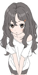 Rule 34 | 1girl, absurdres, bike shorts, black hair, brown eyes, collarbone, commentary request, hair ornament, hairclip, highres, long hair, looking at viewer, off shoulder, original, shirt, short sleeves, simple background, solo, standing, thighs, white background, white shirt, yamamoto souichirou