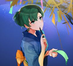 Rule 34 | commentary request, earrings, festival, fire emblem, fire emblem: the blazing blade, fire emblem heroes, green eyes, green hair, hair between eyes, hair up, highres, japanese clothes, jewelry, kimono, looking up, lyn (fire emblem), nintendo, obi, omikuji, ormille, pen, ponytail, sash, shrine, solo, tanabata, yukata
