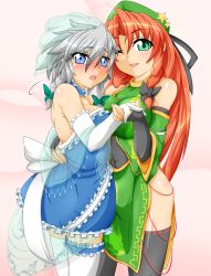 Rule 34 | 2girls, adapted costume, bad id, bad pixiv id, black legwear, blue dress, blue eyes, blue skirt, blush, braid, breasts, bridal veil, bride, china dress, chinese clothes, detached sleeves, dress, elbow gloves, gauntlets, gloves, green dress, green eyes, hair ribbon, hat, holding hands, hong meiling, izayoi sakuya, kokujuuji, large breasts, long hair, multiple girls, no panties, off shoulder, one eye closed, open mouth, red hair, ribbon, shawl, side slit, silver hair, skirt, smile, star (symbol), strapless, strapless dress, thighhighs, touhou, twin braids, veil, very long hair, wedding, white gloves, white legwear, wink, zettai ryouiki