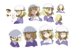 Rule 34 | 1girl, blonde hair, blush, breasts, buttons, character sheet, closed eyes, closed mouth, collarbone, eyebrows, from above, from behind, from side, hair between eyes, hat, karaori, looking up, maribel hearn, medium breasts, mob cap, multiple views, neko (yanshoujie), open mouth, portrait, profile, simple background, smile, the sealed esoteric history, touhou, unworn hat, unworn headwear, white background, white hat, yellow eyes