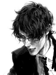 Rule 34 | 1boy, as (ashes), black hair, closed mouth, collared shirt, formal, glasses, greyscale, hair over one eye, jacket, male focus, monochrome, necktie, original, simple background, solo, white background