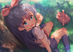 Rule 34 | 1girl, blue eyes, blush, bow, breasts, dappled sunlight, fang, female focus, ganaha hibiki, grass, hair bow, idolmaster, idolmaster (classic), idolmaster million live!, kyou (kyo u), looking at viewer, open mouth, outdoors, ponytail, school uniform, sitting, skirt, small breasts, solo, sunlight, tree, wariza