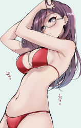 Rule 34 | arms up, bikini, black-framed eyewear, blush, breasts, cleavage, closed mouth, commentary, embarrassed, glasses, hands in own hair, highres, idolmaster, idolmaster cinderella girls, looking to the side, medium breasts, murabito c, navel, purple eyes, purple hair, rectangular eyewear, red bikini, simple background, standing, swimsuit, symbol-only commentary, white background, yagami makino