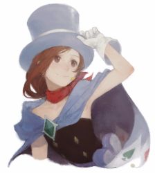 Rule 34 | 1girl, ace (playing card), ace attorney, ace of spades, bandana, black eyes, blue hat, brown hair, cape, card, closed mouth, creamyghost, earrings, gem, gloves, hat, highres, jewelry, looking afar, magician, medium hair, playing card, scarf, simple background, smile, solo, spade (shape), top hat, trucy wright, upper body, white background