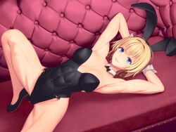 Rule 34 | 1girl, abs, animal ears, armpits, arms up, black footwear, black leotard, blonde hair, blue eyes, breasts, closed mouth, couch, covered navel, detached collar, dezilyts, fake animal ears, high heels, highres, leotard, looking at viewer, lying, medium breasts, muscular, muscular female, on back, on couch, original, playboy bunny, rabbit ears, smile, solo, white wrist cuffs, wrist cuffs