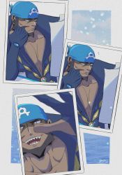 Rule 34 | 1boy, archie (pokemon), bandana, beard, black eyes, blue bandana, blue bodysuit, bodysuit, brown hair, chain, chain necklace, closed mouth, commentary, creatures (company), dark-skinned male, dark skin, diving suit, facial hair, frown, game freak, highres, jewelry, logo, male focus, multicolored bodysuit, multicolored clothes, multiple views, mustache, necklace, nintendo, notice lines, pokemon, pokemon oras, popped collar, sharp teeth, short hair, signature, symbol-only commentary, team aqua, teeth, wetsuit, white bodysuit, you (u3no510)