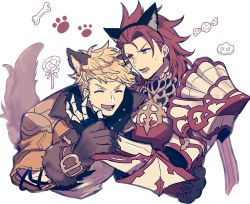 Rule 34 | 2boys, animal ears, animal hands, armor, blonde hair, closed eyes, duplicate, fake animal ears, gauntlets, gloves, granblue fantasy, hug, jacket, looking at another, male focus, multiple boys, official alternate costume, ono (0 no), open mouth, orange jacket, paw gloves, percival (granblue fantasy), pixel-perfect duplicate, red armor, red eyes, red hair, shirt, short hair, smile, tail, upper body, vane (granblue fantasy), white shirt, wolf boy, wolf ears, wolf tail