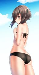 Rule 34 | 10s, 1girl, alternate costume, ass, bikini, black bikini, brown eyes, brown hair, covering privates, covering breasts, embarrassed, flat ass, flat chest, from behind, gradient background, hair between eyes, headband, headgear, highres, kantai collection, keita (tundereyuina), looking at viewer, short hair, sky, solo, swimsuit, taihou (kancolle)