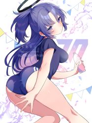 Rule 34 | 1girl, ass, blue archive, blue buruma, blue eyes, blue hair, blue shirt, bottle, buruma, closed mouth, confetti, cowboy shot, from behind, gym uniform, halo, highres, holding, holding bottle, jacket, leaning forward, light blush, long hair, looking at viewer, nehan (gedatsu nehan), official alternate costume, parted bangs, ponytail, shirt, shoes, short sleeves, sidelocks, solo, sports festival, star sticker, sticker on face, t-shirt, thighs, water bottle, white background, yuuka (blue archive), yuuka (track) (blue archive)