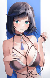 Rule 34 | 1girl, absurdres, bare shoulders, bikini, black bikini, black choker, black collar, black hair, breasts, choker, cleavage, collar, collarbone, dice, genshin impact, green eyes, highres, holding, holding leash, large breasts, leash, looking at viewer, mole, mole on breast, nacho (nacho 1103), o-ring, parted lips, short hair, solo, swimsuit, tassel choker, upper body, yelan (genshin impact)