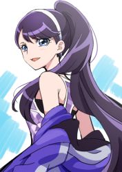 Rule 34 | 1girl, :d, alternate hairstyle, blue eyes, clothes down, floating hair, hair between eyes, hairband, heartcatch precure!, high ponytail, jacket, long hair, open mouth, precure, purple hair, purple jacket, smile, solo, swept bangs, track jacket, tsukikage oyama, tsukikage yuri, very long hair, white background, white hairband
